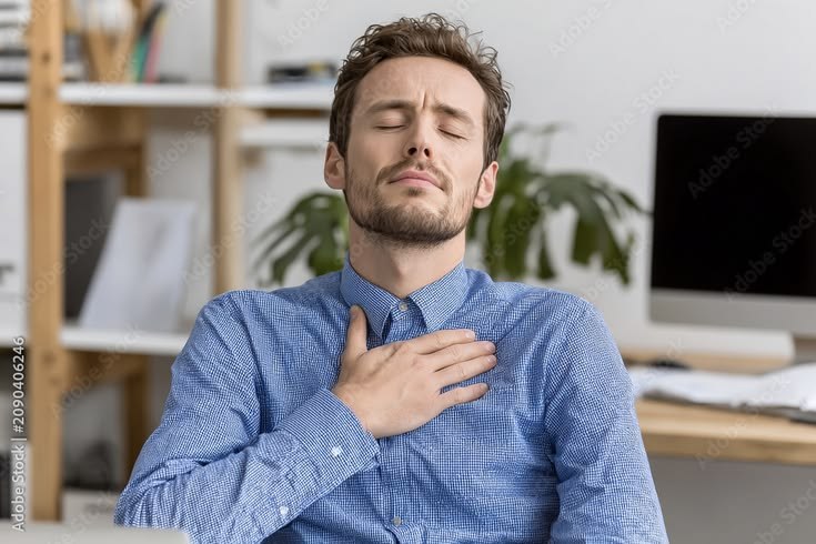 A person pausing to focus on breathing, illustrating breathlessness.