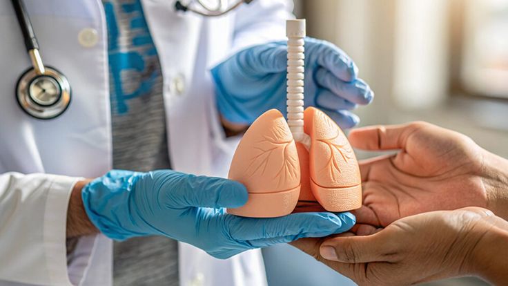 Doctor holding a model of lungs for a patient discussing lung transplant