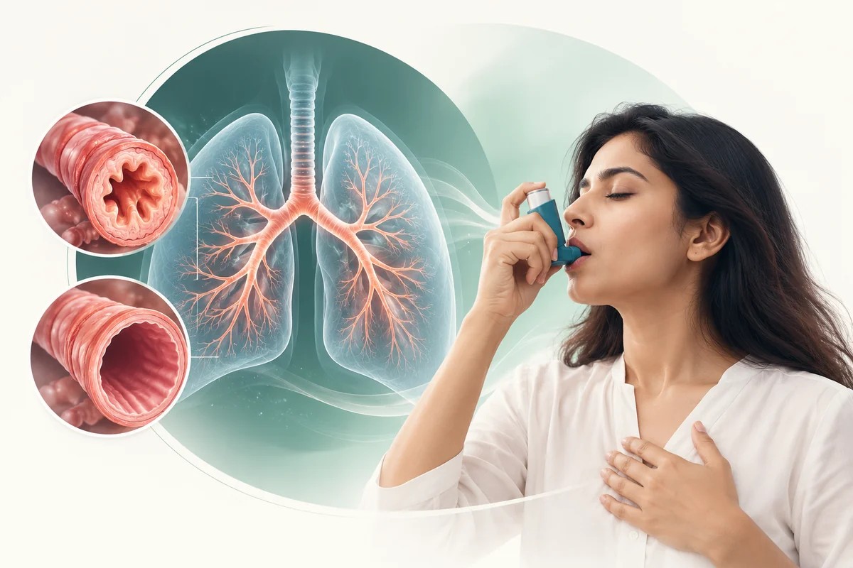 Woman using an inhaler beside an illustration of inflamed airways in severe asthma