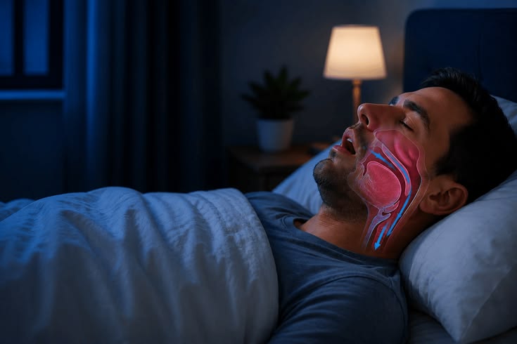 Man sleeping with an illustration of a narrowed airway in sleep apnea